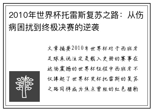 2010年世界杯托雷斯复苏之路：从伤病困扰到终极决赛的逆袭